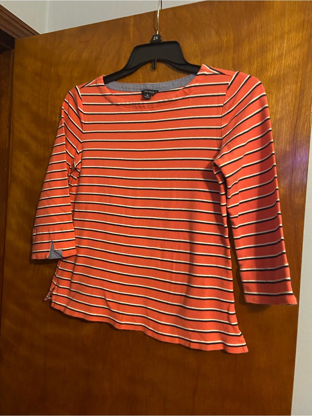 Nautica Coral Stripe Boatneck Long Sleeve Top